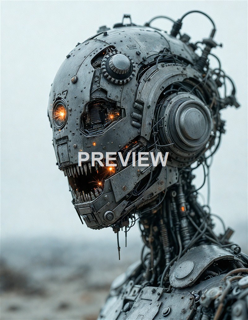A highly detailed humanoid robot with a metallic skull-like face and glowing eyes, constructed from various mechanical parts and wires, standing outdoors against a cloudy sky.